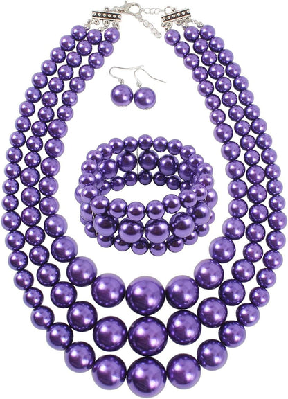 KOSMOS-LI Women'S 3 Layer Simulated Pearl Statement 18" Necklace Bracelet and Earrings Jewelry Set purple