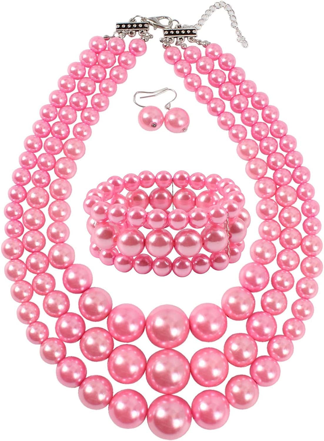 KOSMOS-LI Women'S 3 Layer Simulated Pearl Statement 18" Necklace Bracelet and Earrings Jewelry Set pink