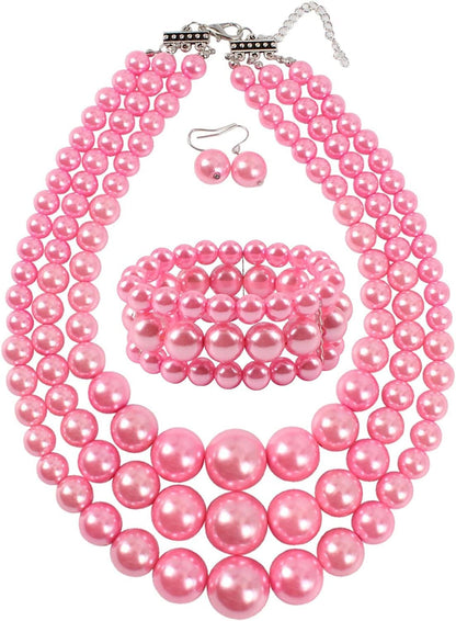 KOSMOS-LI Women'S 3 Layer Simulated Pearl Statement 18" Necklace Bracelet and Earrings Jewelry Set pink