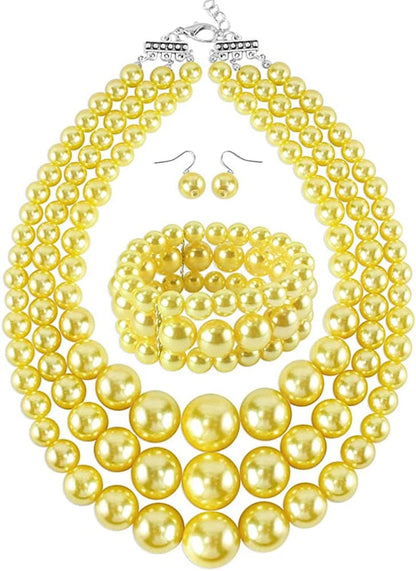 KOSMOS-LI Women'S 3 Layer Simulated Pearl Statement 18" Necklace Bracelet and Earrings Jewelry Set yellow