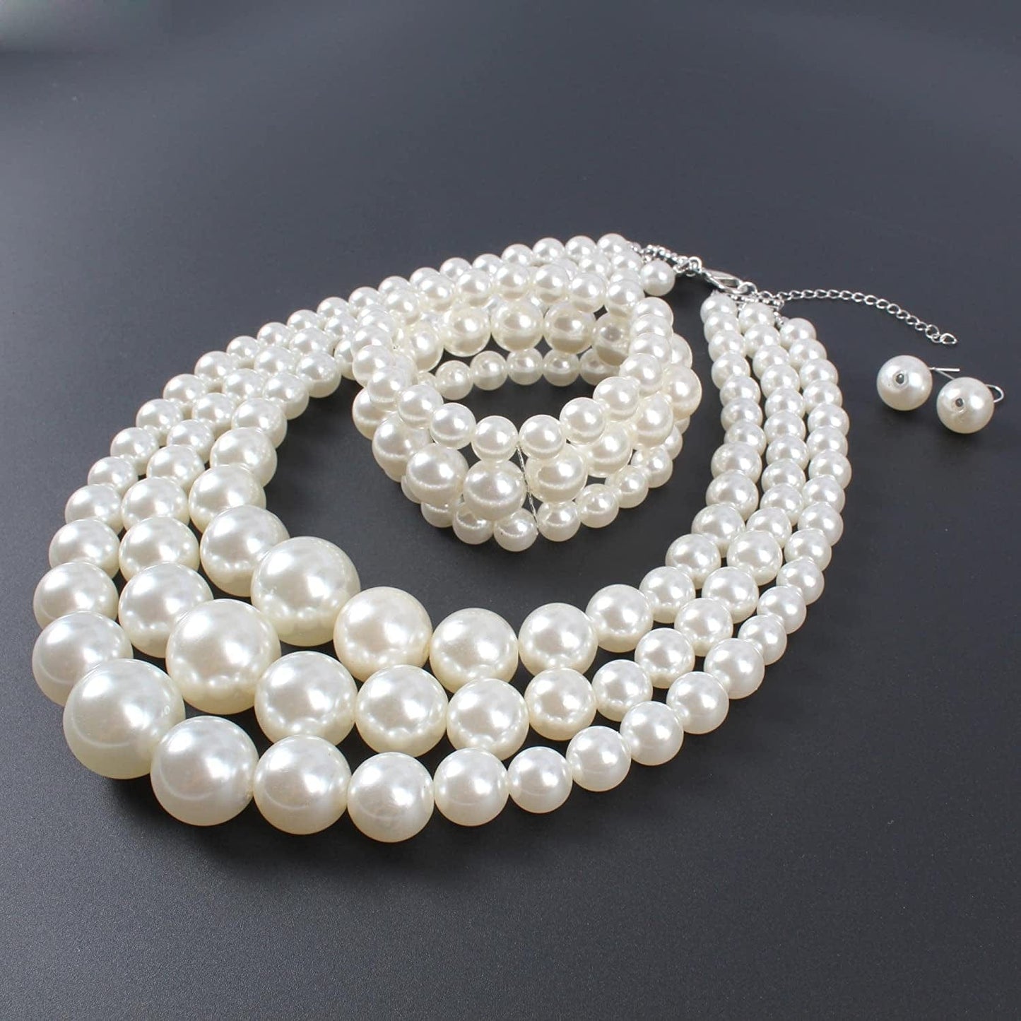 KOSMOS-LI Women'S 3 Layer Simulated Pearl Statement 18" Necklace Bracelet and Earrings Jewelry Set