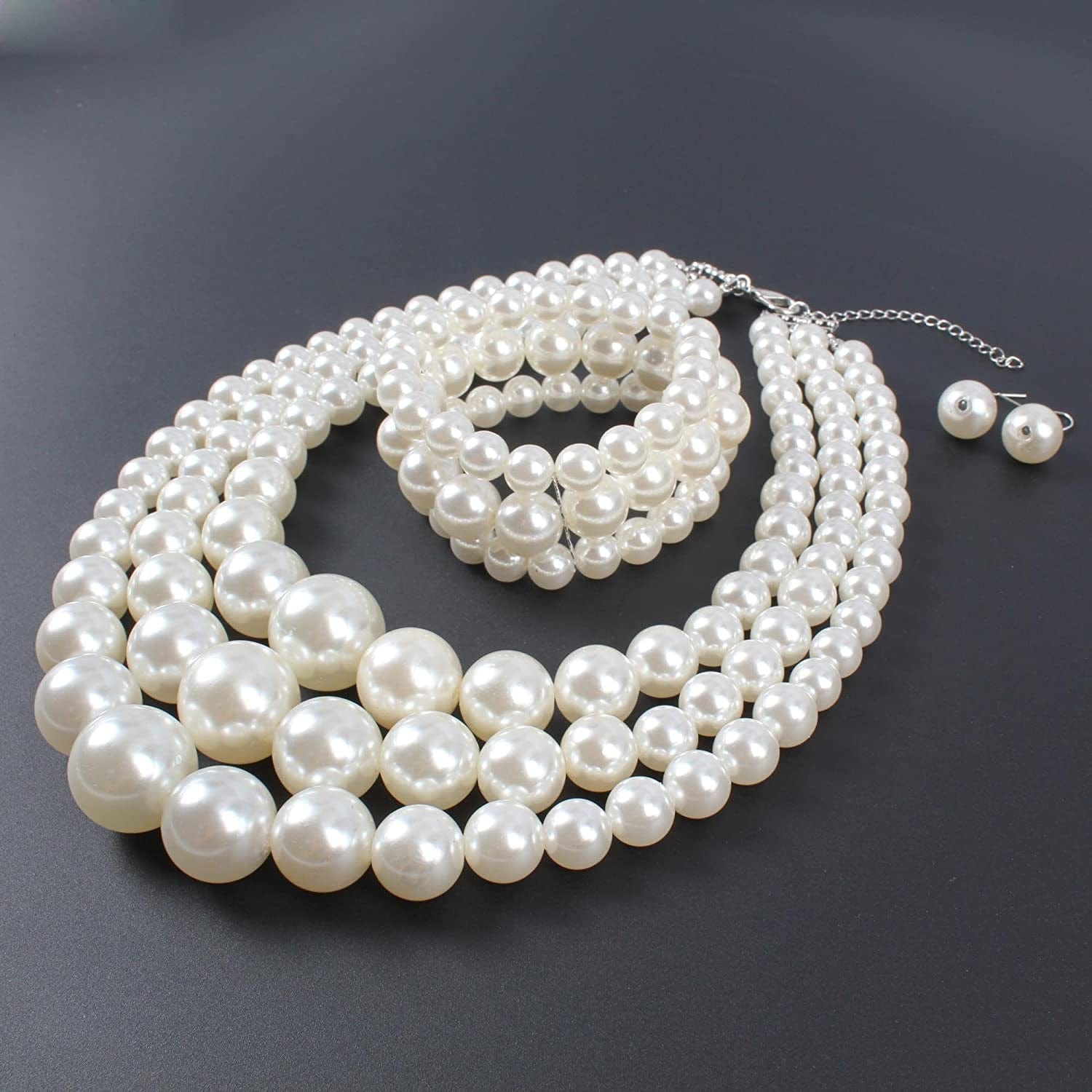 KOSMOS-LI Women'S 3 Layer Simulated Pearl Statement 18" Necklace Bracelet and Earrings Jewelry Set