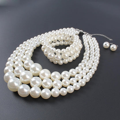 KOSMOS-LI Women'S 3 Layer Simulated Pearl Statement 18" Necklace Bracelet and Earrings Jewelry Set