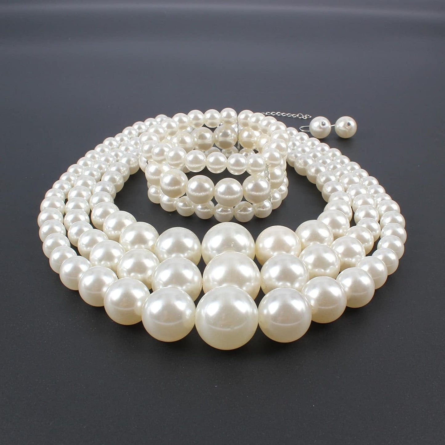 KOSMOS-LI Women'S 3 Layer Simulated Pearl Statement 18" Necklace Bracelet and Earrings Jewelry Set