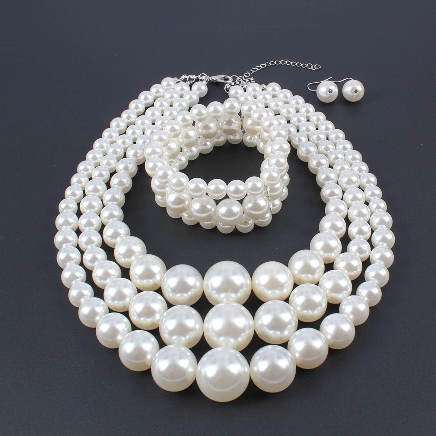 KOSMOS-LI Women'S 3 Layer Simulated Pearl Statement 18" Necklace Bracelet and Earrings Jewelry Set