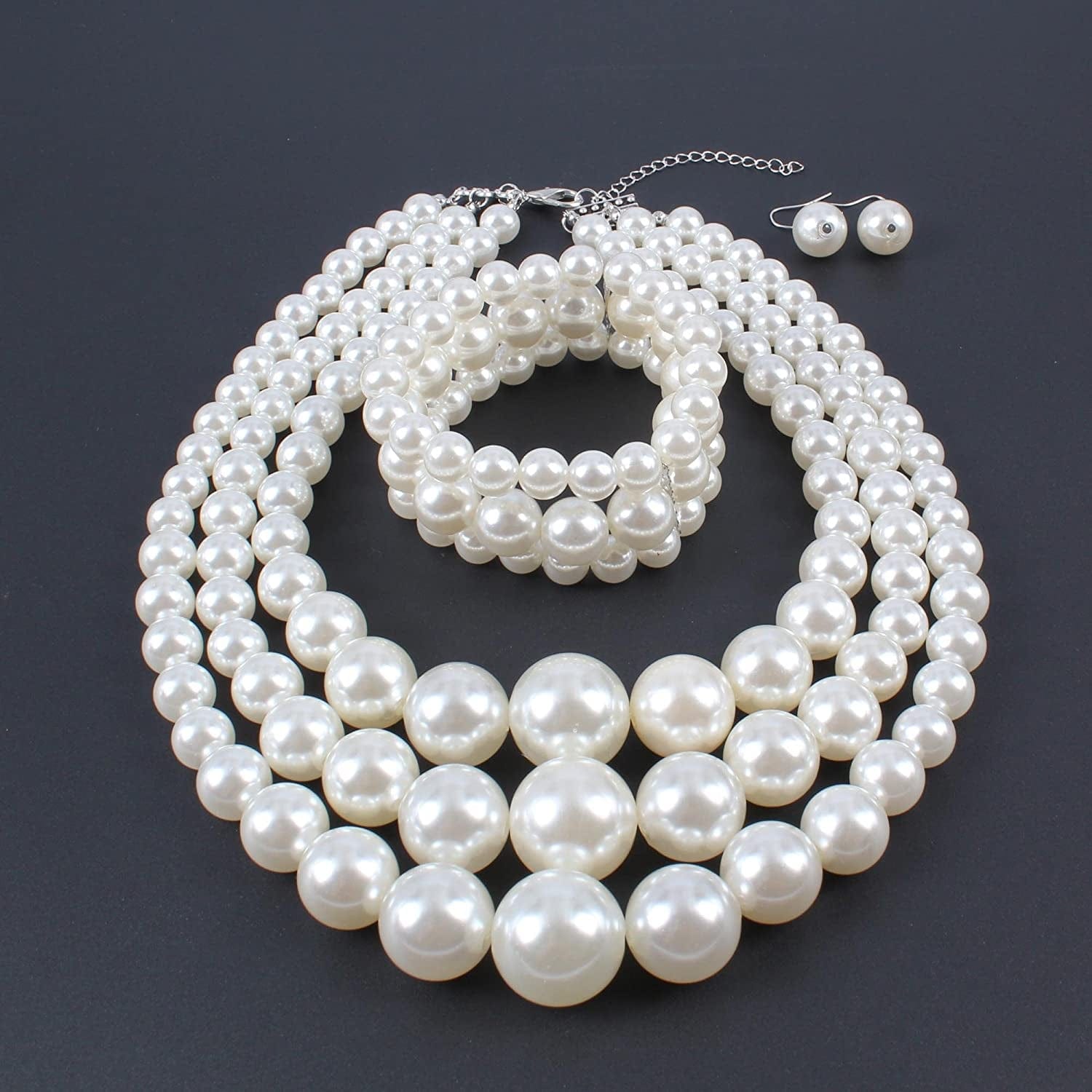 KOSMOS-LI Women'S 3 Layer Simulated Pearl Statement 18" Necklace Bracelet and Earrings Jewelry Set