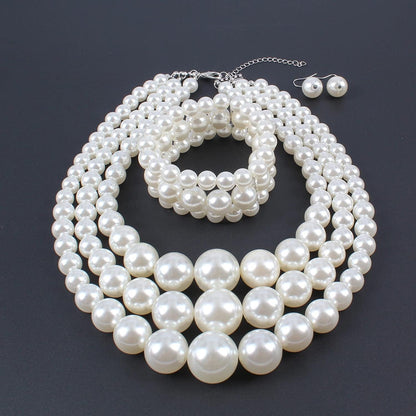 KOSMOS-LI Women'S 3 Layer Simulated Pearl Statement 18" Necklace Bracelet and Earrings Jewelry Set