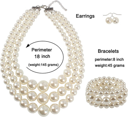 KOSMOS-LI Women'S 3 Layer Simulated Pearl Statement 18" Necklace Bracelet and Earrings Jewelry Set