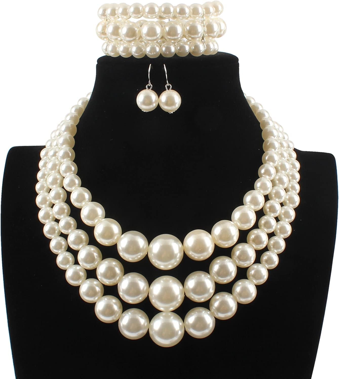 KOSMOS-LI Women'S 3 Layer Simulated Pearl Statement 18" Necklace Bracelet and Earrings Jewelry Set