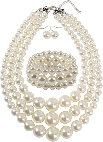 KOSMOS-LI Women'S 3 Layer Simulated Pearl Statement 18" Necklace Bracelet and Earrings Jewelry Set ivory