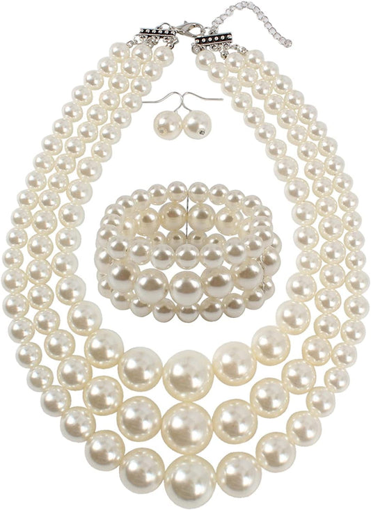 KOSMOS-LI Women'S 3 Layer Simulated Pearl Statement 18" Necklace Bracelet and Earrings Jewelry Set ivory