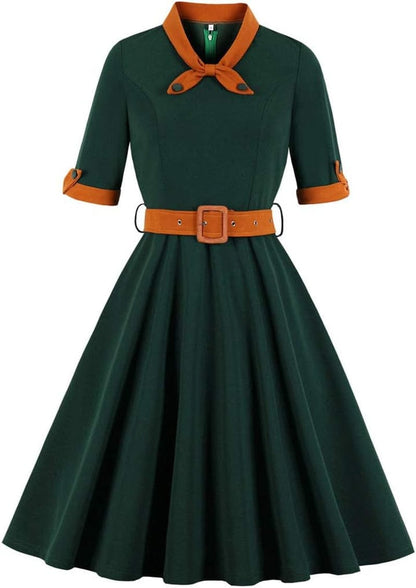 KUFEIUP Women'S Vintage Bowtie Dress Waist Belt Patchwork Dress Green / Medium