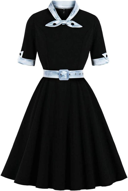 KUFEIUP Women'S Vintage Bowtie Dress Waist Belt Patchwork Dress Black / X-Large