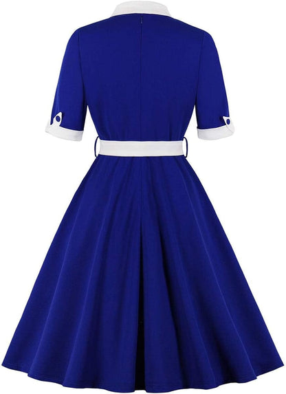 KUFEIUP Women'S Vintage Bowtie Dress Waist Belt Patchwork Dress