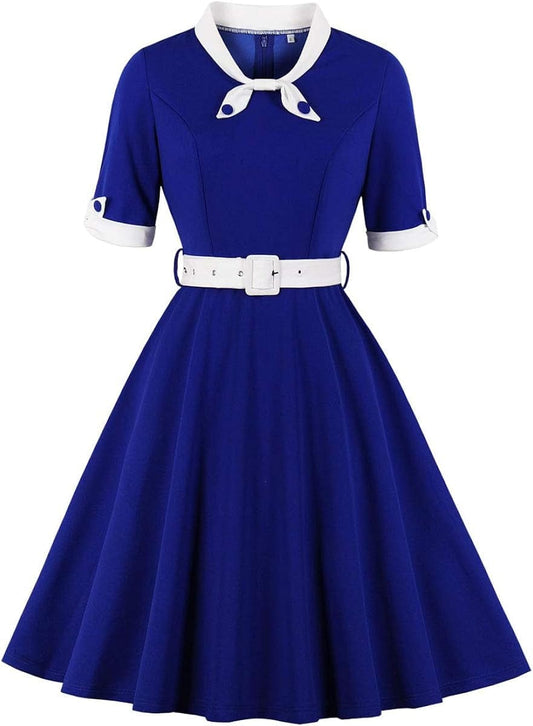 KUFEIUP Women'S Vintage Bowtie Dress Waist Belt Patchwork Dress