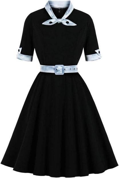 KUFEIUP Women'S Vintage Bowtie Dress Waist Belt Patchwork Dress Black / Small