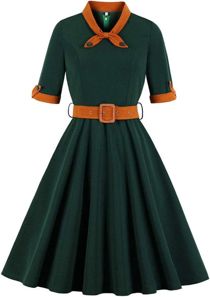KUFEIUP Women'S Vintage Bowtie Dress Waist Belt Patchwork Dress Green / Small