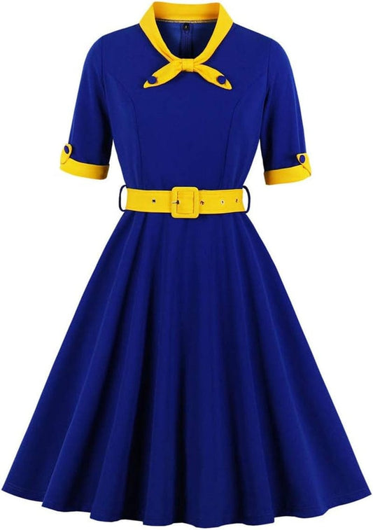 KUFEIUP Women'S Vintage Bowtie Dress Waist Belt Patchwork Dress