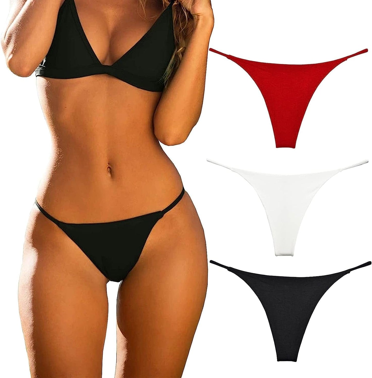 KUKU PANDA Cotton Thongs for Women Sexy Seamless Woman G String Panties 3 Pack Set Black/Red/White / Medium