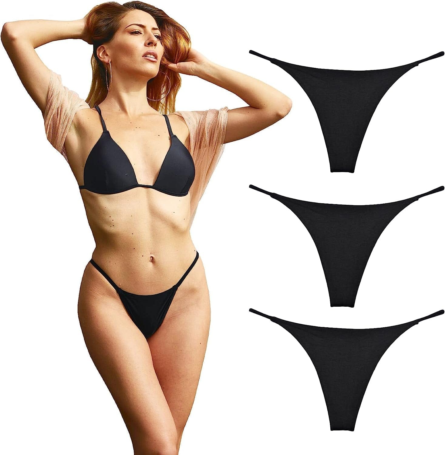 KUKU PANDA Cotton Thongs for Women Sexy Seamless Woman G String Panties 3 Pack Set Black / Medium