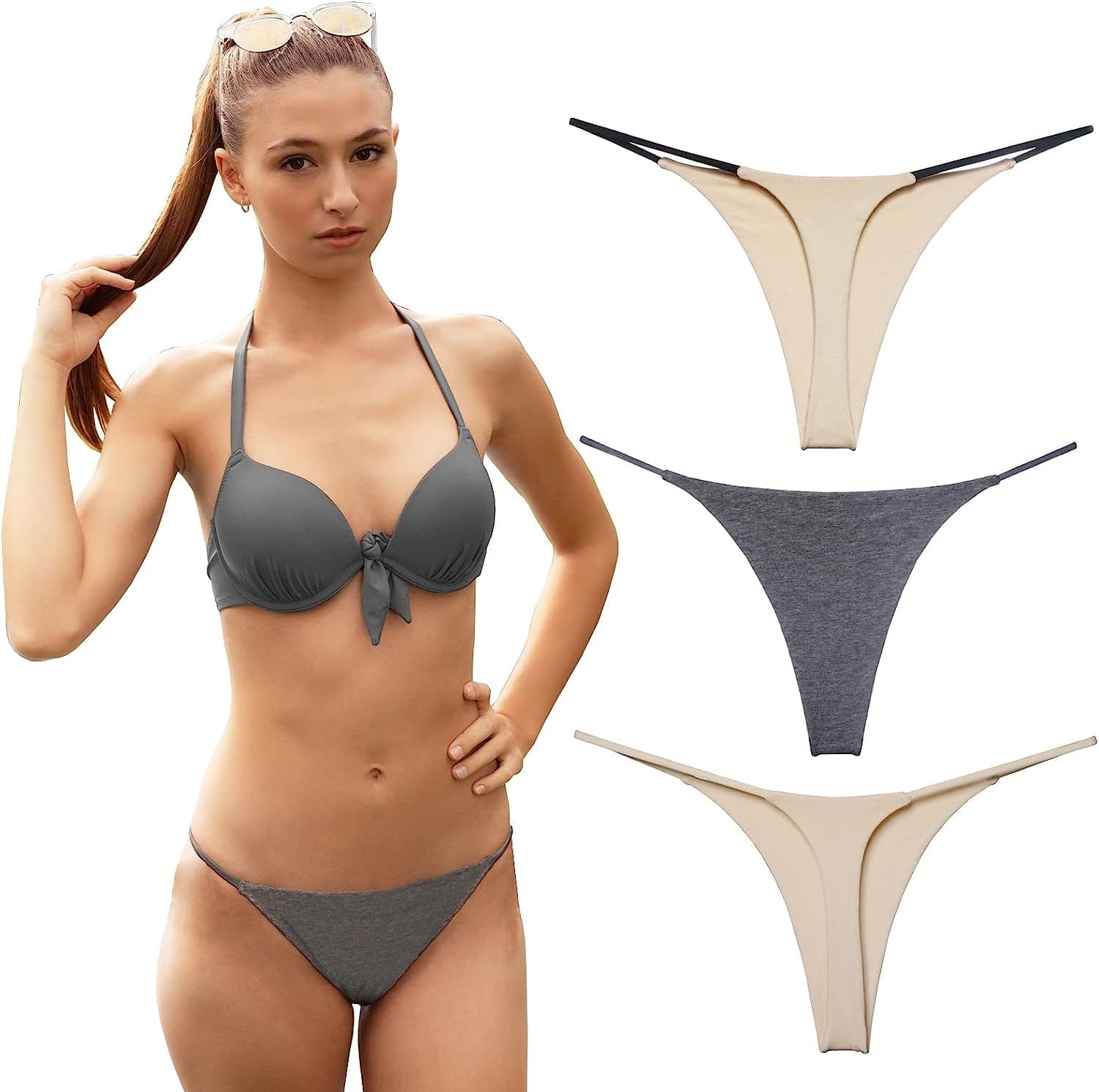 KUKU PANDA Cotton Thongs for Women Sexy Seamless Woman G String Panties 3 Pack Set Grey & Bare / Medium