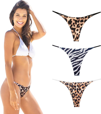 KUKU PANDA Cotton Thongs for Women Sexy Seamless Woman G String Panties 3 Pack Set Leopard Series / Small