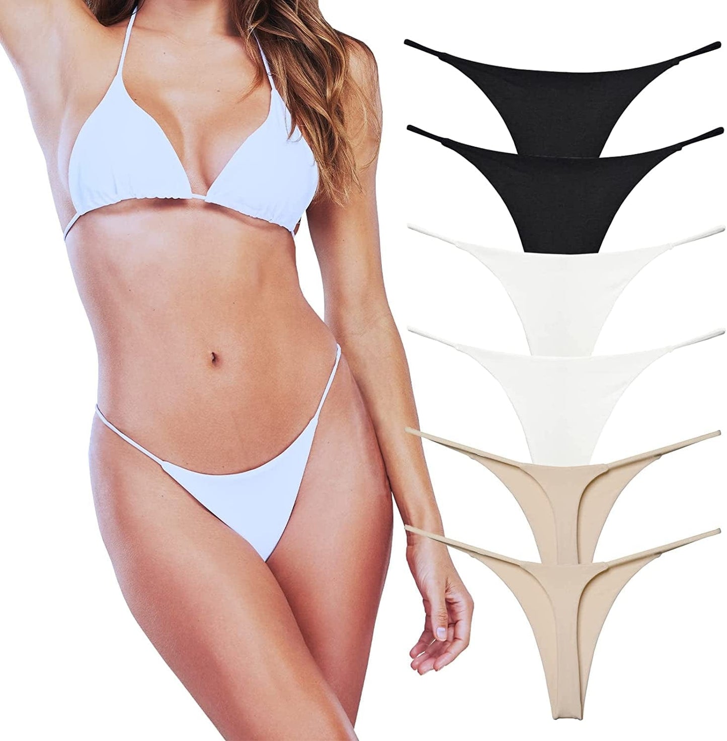 KUKU PANDA Sexy G String Thongs for Women Stretchy Cotton Panties Ladies No Show Underwear 6 Pack Set Black/White/Beige / Small
