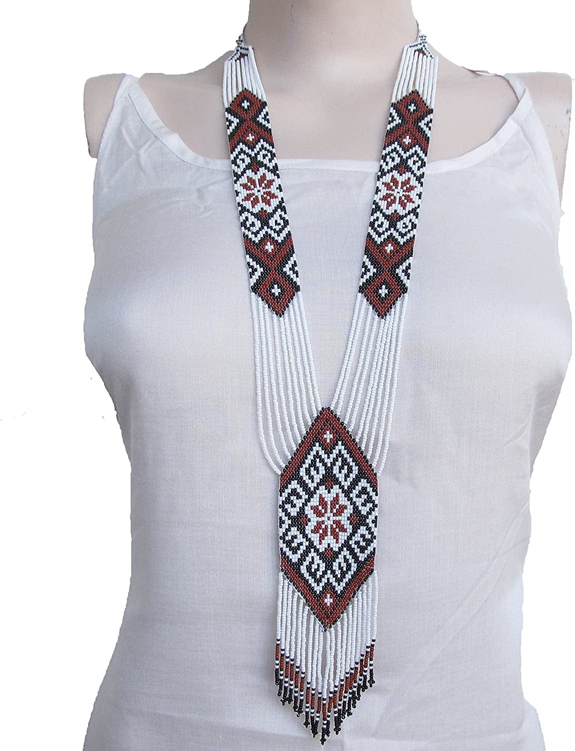 La Vivia HANDMADE FASHION JEWELRY NEW NATIVE STYLE INSPIRED LONG WHITE BROWN SEED BEADED LONG NECKLACE EARRING SET S58/7