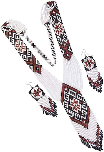 La Vivia HANDMADE FASHION JEWELRY NEW NATIVE STYLE INSPIRED LONG WHITE BROWN SEED BEADED LONG NECKLACE EARRING SET S58/7