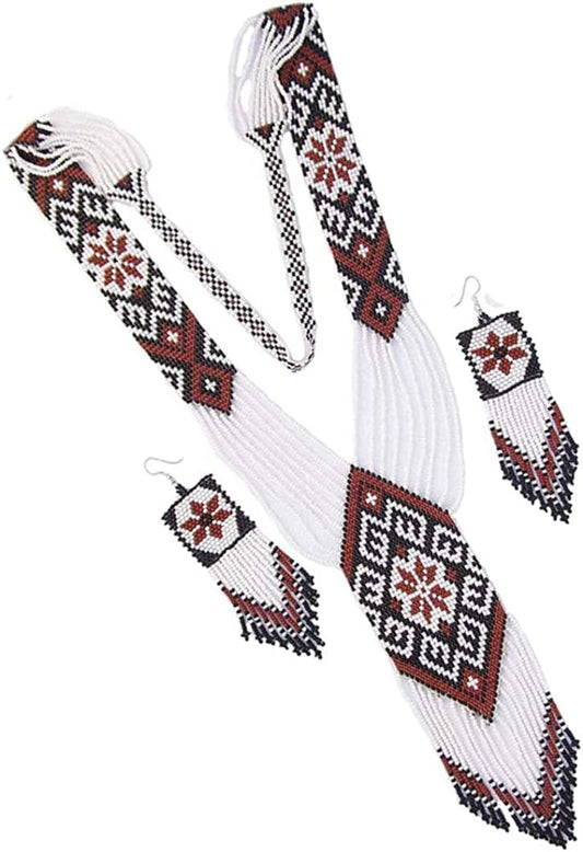 La Vivia HANDMADE FASHION JEWELRY NEW NATIVE STYLE INSPIRED LONG WHITE BROWN SEED BEADED LONG NECKLACE EARRING SET S58/7