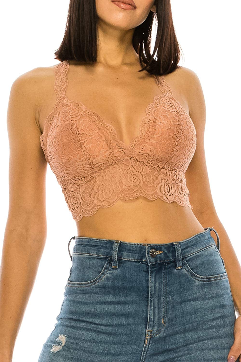 Lace Bra Top for Women with Floral Design Padded Bralette Plunge Wireless Longline Bra Beige / Medium