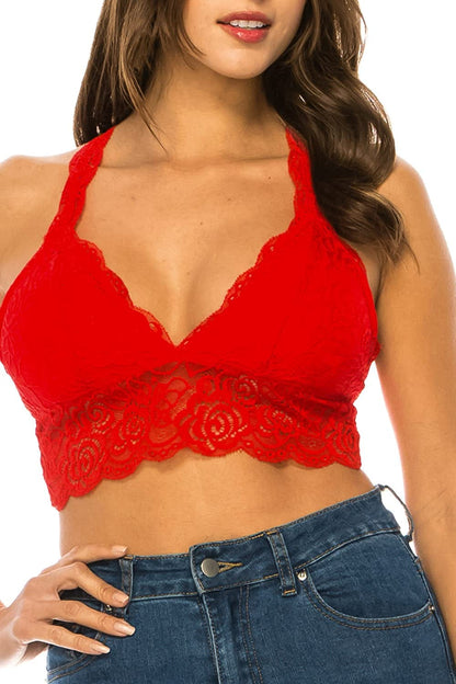Lace Bra Top for Women with Floral Design Padded Bralette Plunge Wireless Longline Bra Red / Small