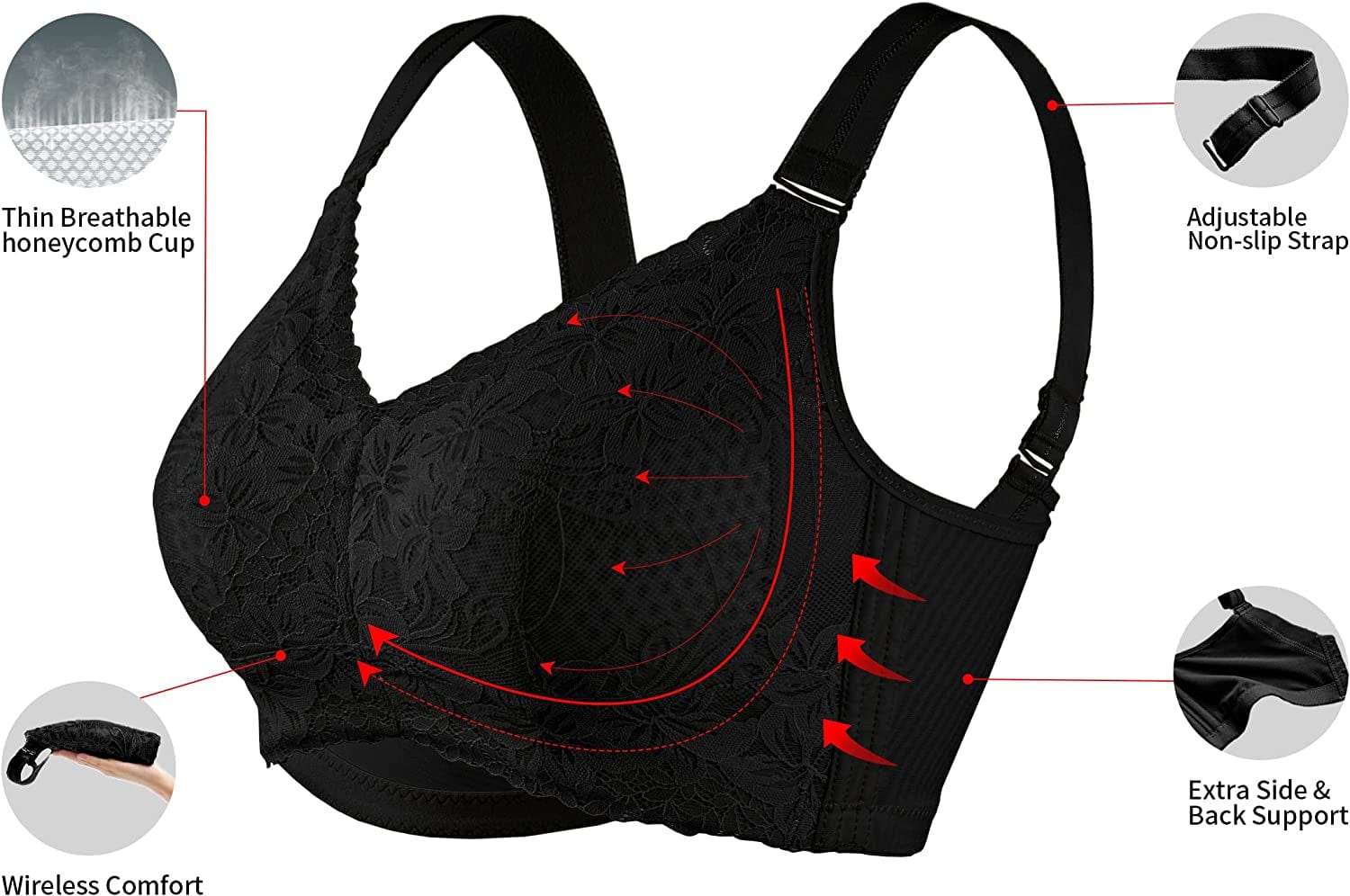 Lace Bras for Women No Underwire, Full Coverage Wireless Minimizer Bras with Honeycomb Inner Cushion 32B-42DDD (6170)