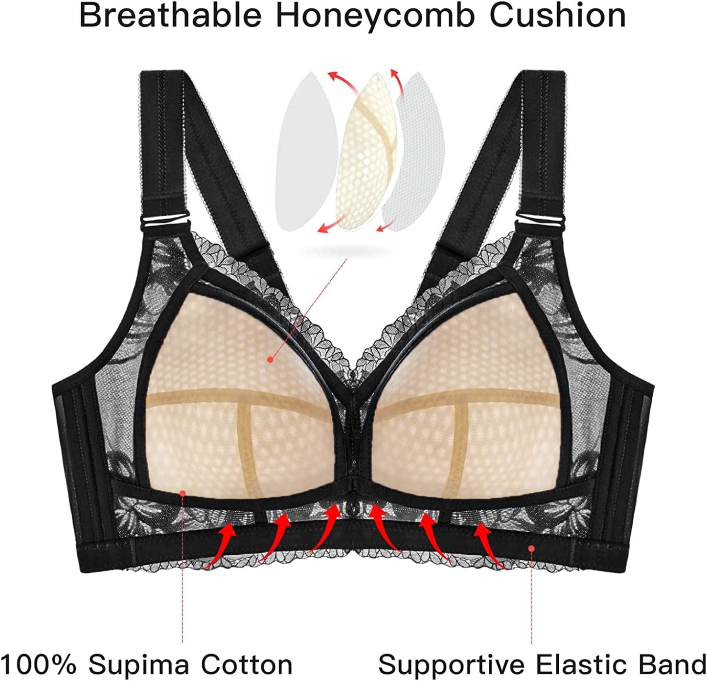 Lace Bras for Women No Underwire, Full Coverage Wireless Minimizer Bras with Honeycomb Inner Cushion 32B-42DDD (6170)