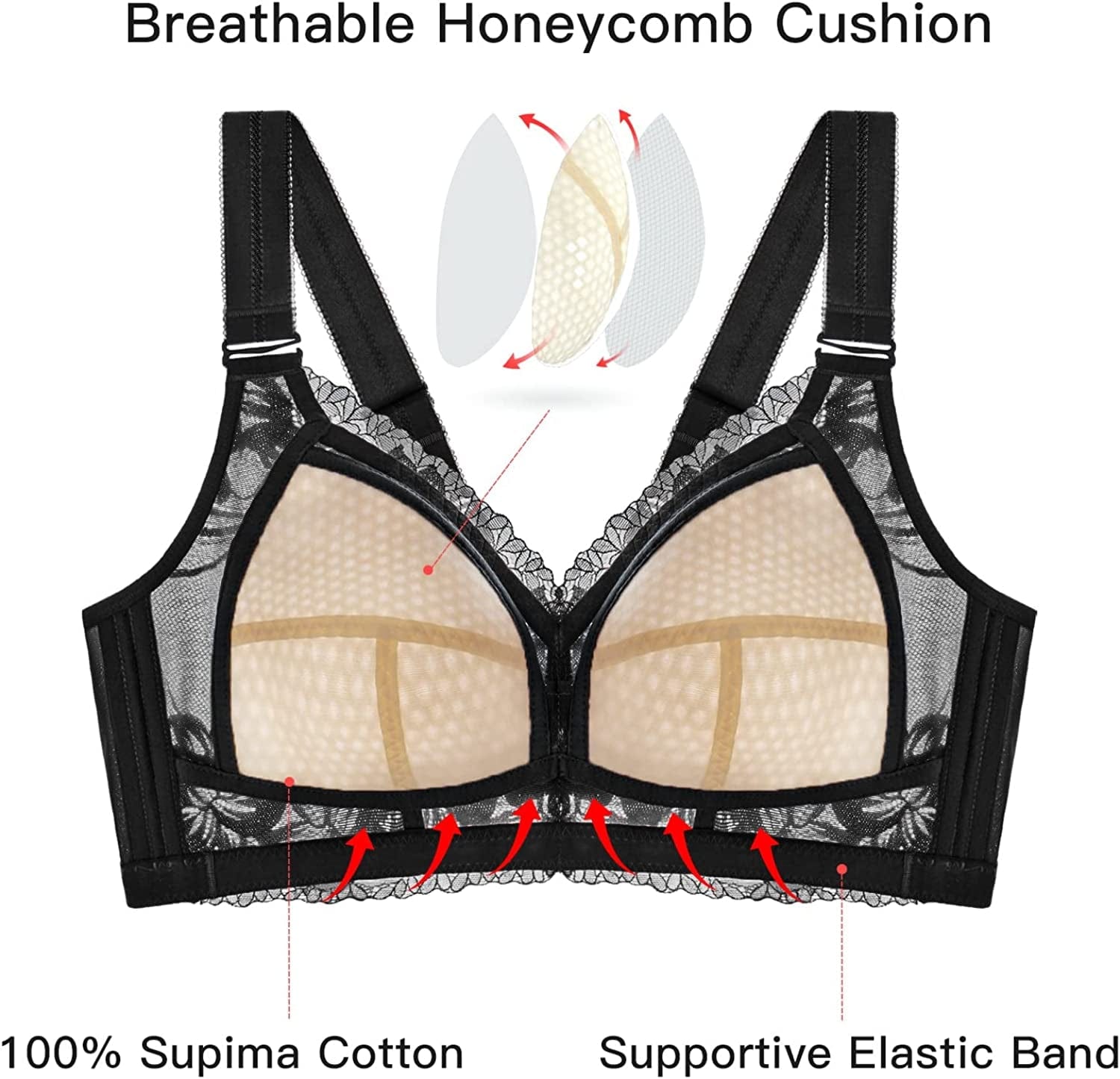 Lace Bras for Women No Underwire, Full Coverage Wireless Minimizer Bras with Honeycomb Inner Cushion 32B-42DDD (6170)