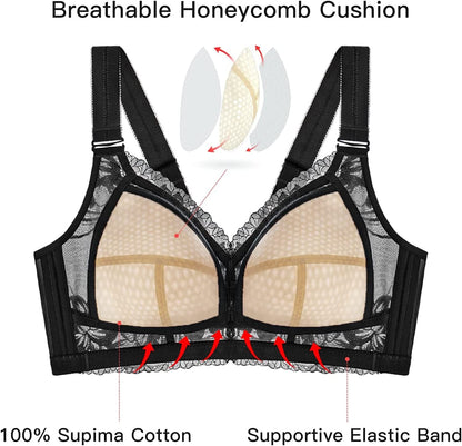 Lace Bras for Women No Underwire, Full Coverage Wireless Minimizer Bras with Honeycomb Inner Cushion 32B-42DDD (6170)