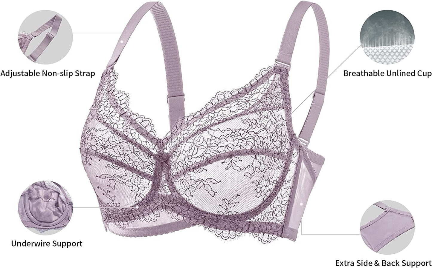 Lace Push up Bras for Women, Supportive Minimizer Bras for Women Full Coverage, Unlined Bras with Underwire (5121)
