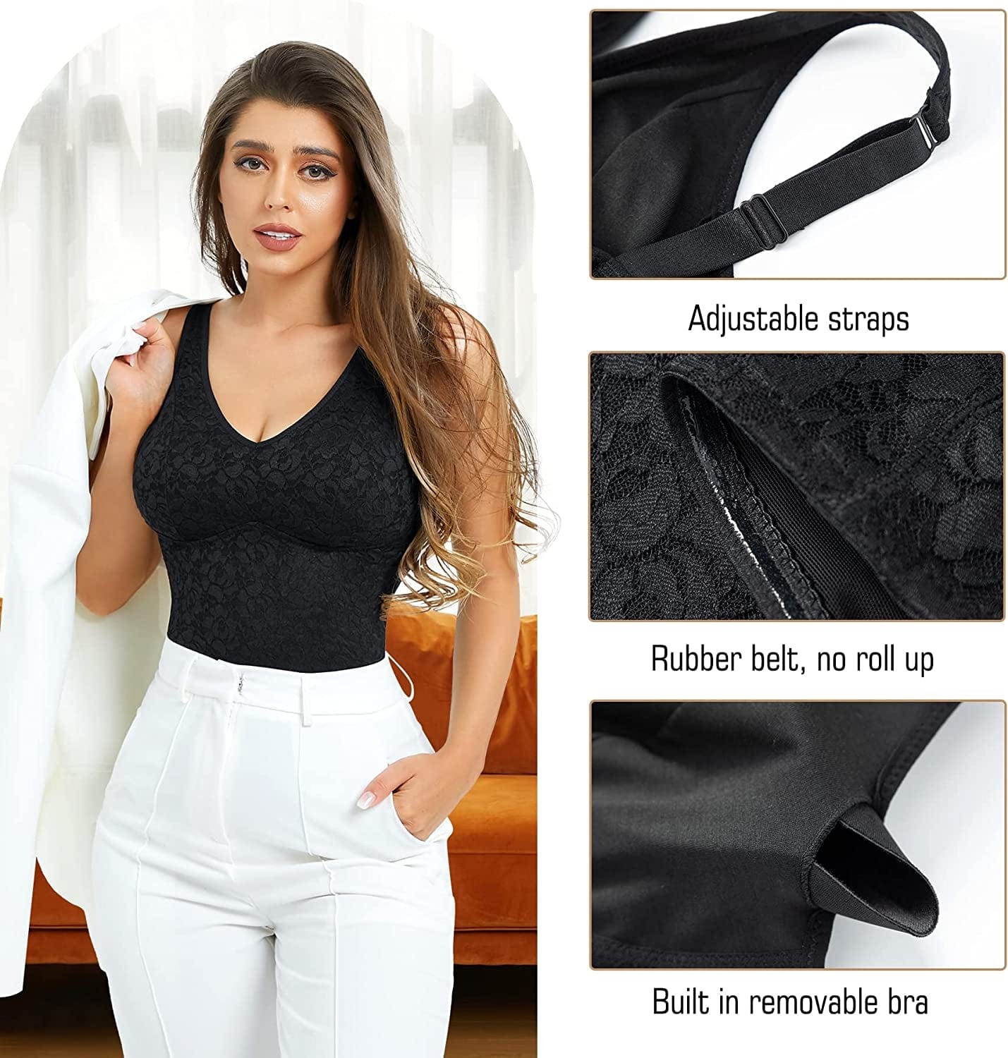 Lace Shapewear Tank Tops for Women Built in Bra V Neck Tummy Control Camisoles Compression Tops Cami Shaper