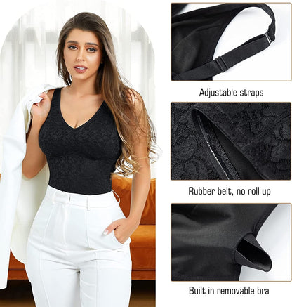 Lace Shapewear Tank Tops for Women Built in Bra V Neck Tummy Control Camisoles Compression Tops Cami Shaper