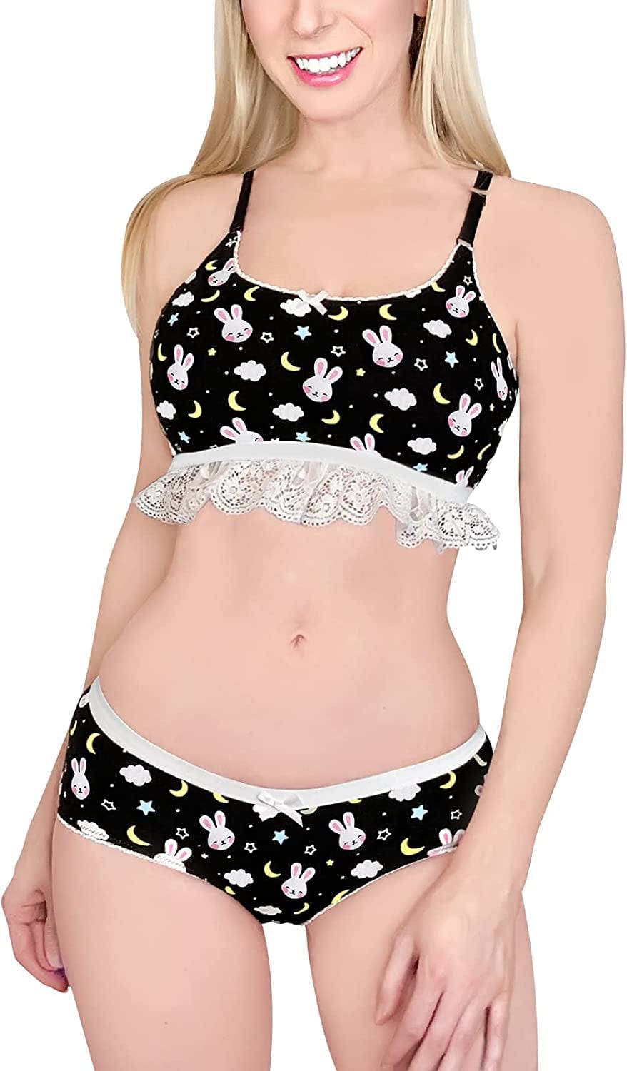 Lacy Trim Women Nightwear Strap Sleepwear Cami Top Shorts Lingerie Bralette Loungewear Set - Snuggle Bunny Black / 4X-Large