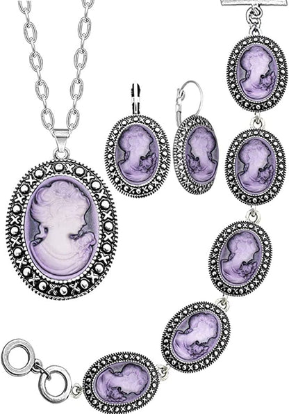Lady Queen Cameo Jewelry Sets Vintage Look Necklace Earrings Bracelet Antique Silver Plated Fashion Jewelry purple