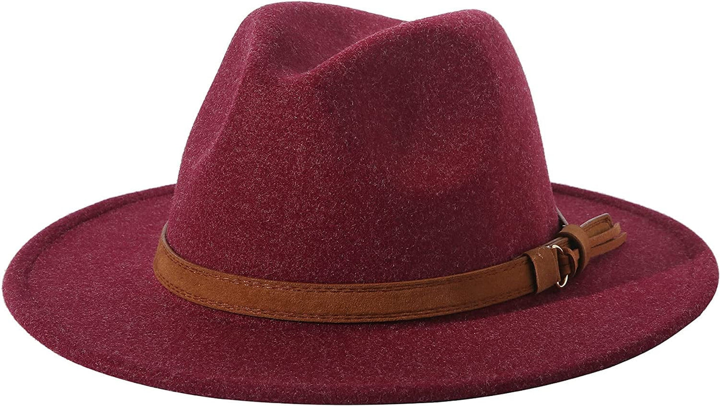 Lanzom Women Lady Felt Fedora Hat Wide Brim Wool Panama Hats with Band Apparel & Accessories > Clothing Accessories > Hats Lanzom 01-wine Red  