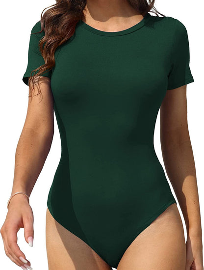LAOLASI Women'S Crew Neck round Neck Short Sleeves Slim Fit Casual Basic Extender Bodysuit Daily Jumpsuit T Shirts 02 Dark Green / X-Large