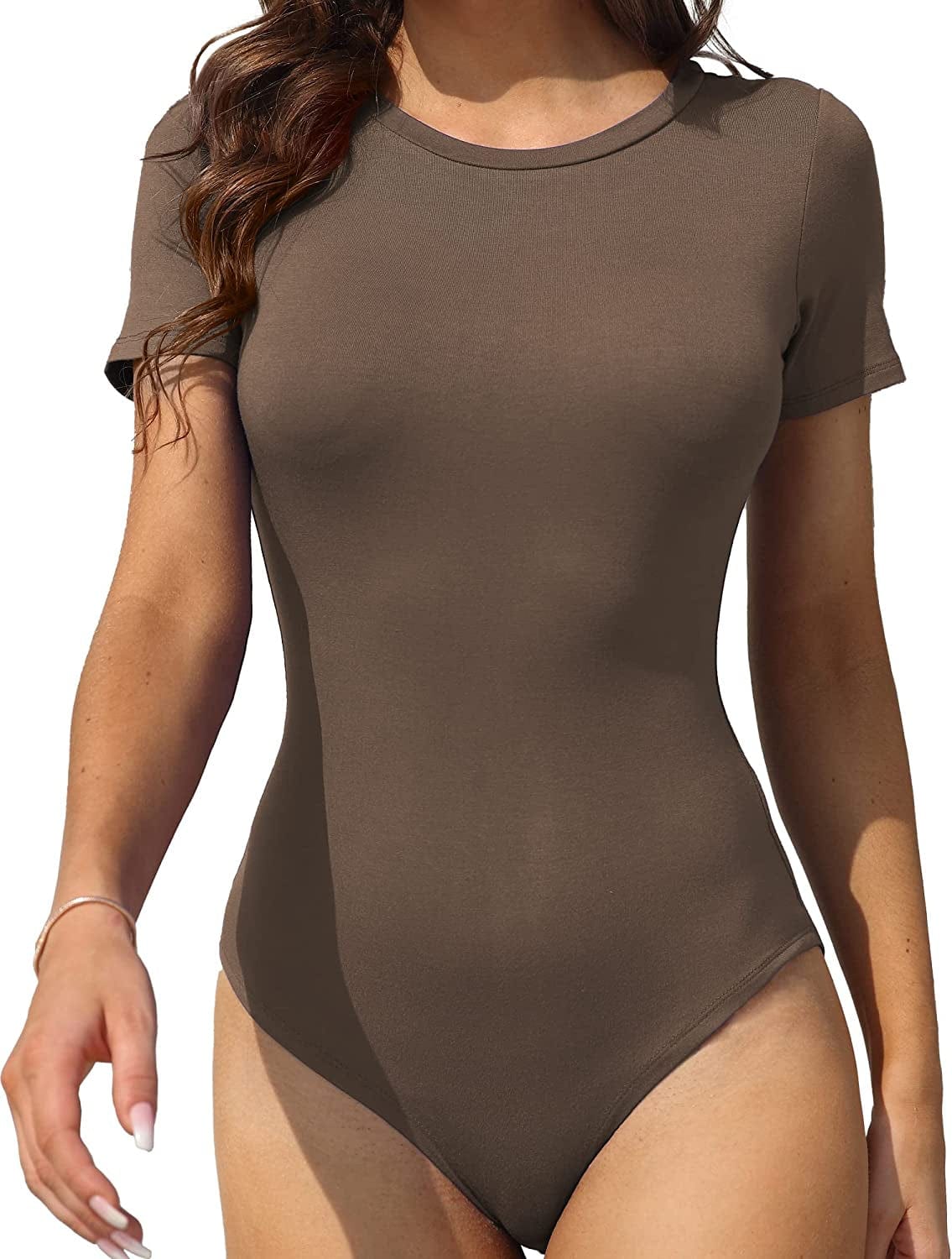 LAOLASI Women'S Crew Neck round Neck Short Sleeves Slim Fit Casual Basic Extender Bodysuit Daily Jumpsuit T Shirts 02 Khaki / 3X-Large