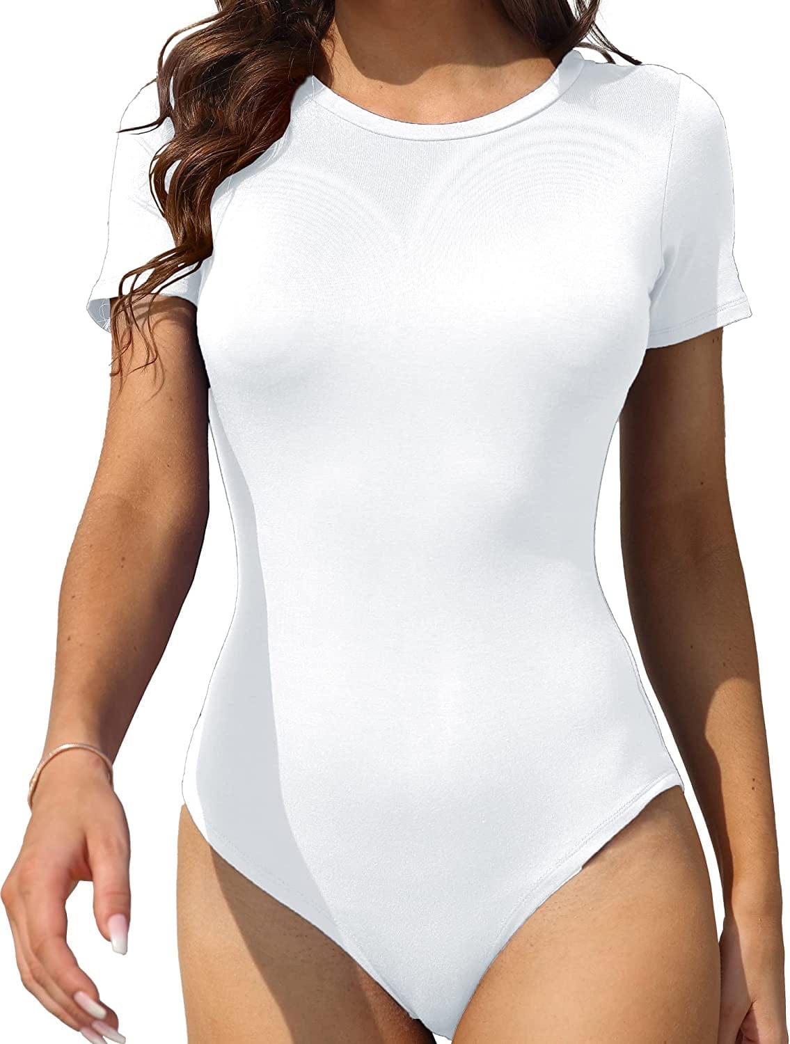 LAOLASI Women'S Crew Neck round Neck Short Sleeves Slim Fit Casual Basic Extender Bodysuit Daily Jumpsuit T Shirts 01 White / X-Large