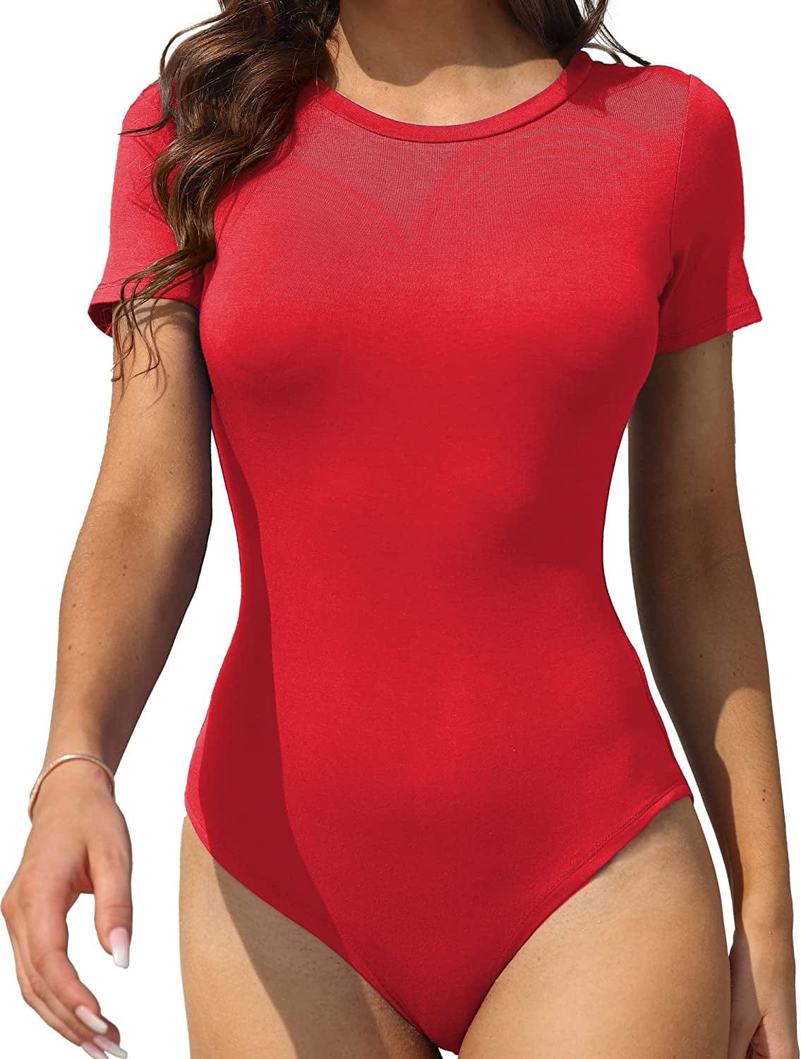 LAOLASI Women'S Crew Neck round Neck Short Sleeves Slim Fit Casual Basic Extender Bodysuit Daily Jumpsuit T Shirts 02 Red / Small
