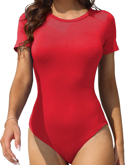LAOLASI Women'S Crew Neck round Neck Short Sleeves Slim Fit Casual Basic Extender Bodysuit Daily Jumpsuit T Shirts 02 Red / Small