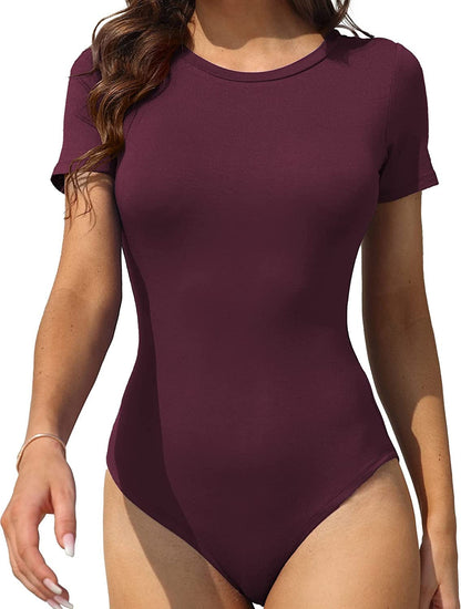 LAOLASI Women'S Crew Neck round Neck Short Sleeves Slim Fit Casual Basic Extender Bodysuit Daily Jumpsuit T Shirts 02 Wine Red / X-Large