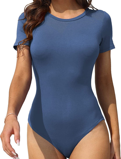 LAOLASI Women'S Crew Neck round Neck Short Sleeves Slim Fit Casual Basic Extender Bodysuit Daily Jumpsuit T Shirts Denim Blue / X-Large