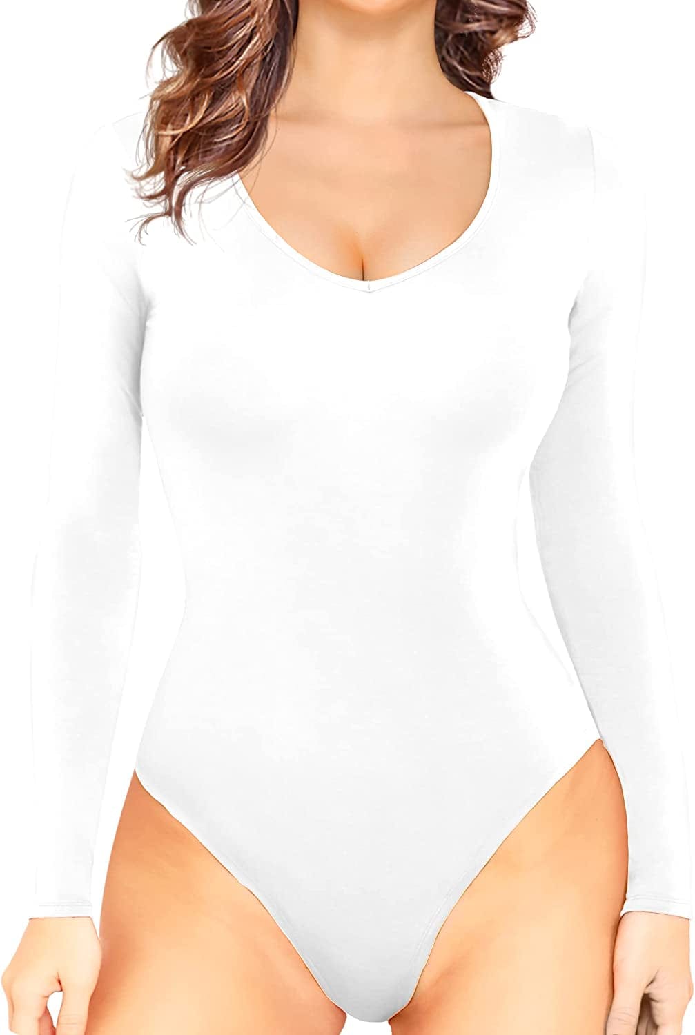 LAOLASI Women'S V Neck Bodysuits 2022 Slim Fit Casual Extender Bodysuit Daily Tshirts 02 White Long / X-Large